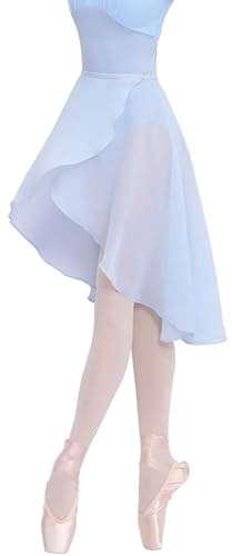 Daydance Blue Teen Girls Women Ballet Skirts Asymmetrical Side Dip Sheer Chiffon Dance Skirts for Leotards