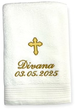 Generisch Kreuz Handtuch mit Name und Datum Bestickt, Zur Heiligen Taufe, Duschhandtuch, Gästehandtuch, Saunahandtuch