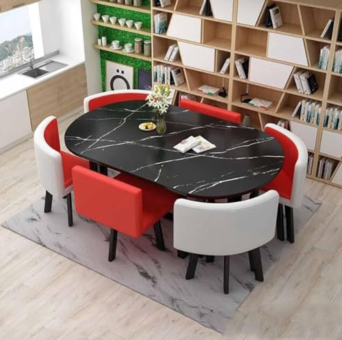 Modern Dining Room Furniture Set - 7-Piece Round Dining Table with 6 Chairs, Small Office Conference Room Tables and Chairs for Kitchen, Living Room, Lounge - Stylish Meeting Room Table Set