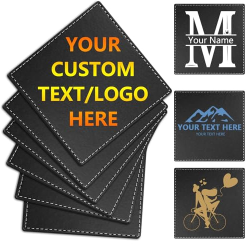 Personalisierbare Leder-Untersetzer – Set mit 6 Stück | DIY Name, Foto oder Logo Untersetzer für Couchtisch, Bar, Bier, Wein, ideales Einweihungsgeschenk, Schwarz