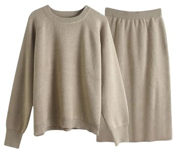 Lässiger Damen-Pullover mit Rundhalsausschnitt, lockerer Pullover und geradem Rock, Strickset, khaki, Einheitsgröße