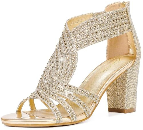 Gufobela Heels for Women Chunky Rhinestone Block Heeled Sandals Sparkly Open Toe Formal Dressy Shoes Wedding Prom Homecoming Hoco (1122 Gold 9.5)