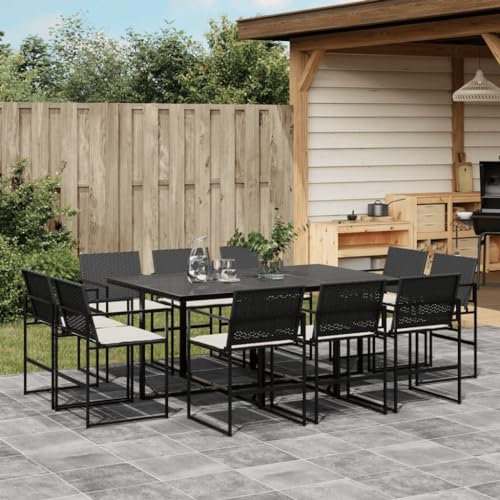 Somanki 11-TLG. Garten-Essgruppe mit Kissen Schwarz Poly Rattan, Esstisch Mit Stühlen Set, Gartenmöbel Sitzgruppe, Balkon Möbel, Gartenlounge Set, Terrassenmöbel, Balkonmöbel Set - 3295064