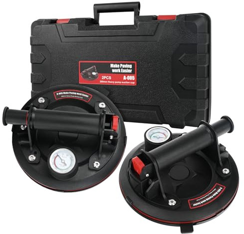 2 Pack 660lbs 8'' Vacuum Suction Cup with Pressure Gauge, Glass Suction Lifter for Granite, Tile, Glass Lifting, Heavy Duty Tile Suction Cup with Handle Lifter,Vacuum Glass Cup, Black