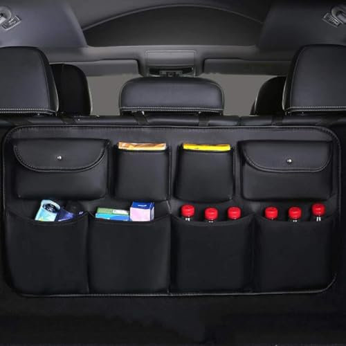 GTALIJHN Auto Kofferraum Organizer Für FIAT 500/500C/500E/Abarth 500 2007-2022, HäNgende Aufbewahrungstasche Kofferraumtasche Autotasche Faltbar Wasserdicht Innenraum ZubehöR,Leather-Black