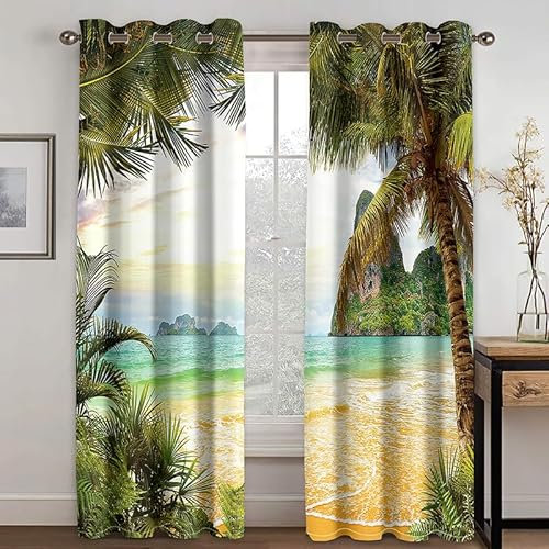 Rptidmv Vorhänge mit Ösen 2er Set Kokospalme Modern Blickdichte Vorhang Thermovorhang Kälteschutz Verdunklungsvorhänge für Wohnzimmer Schlafzimmer Kinderzimmer 140 x 175 cm (BxH)