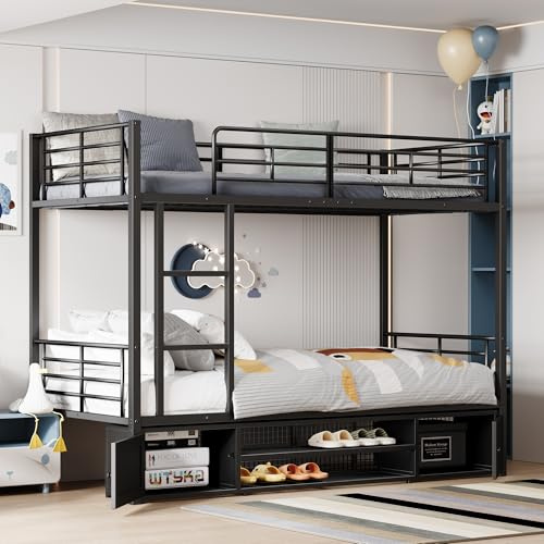 Letto a castello con telaio in ferro, 90 x 200 cm, aperto, piccolo armadio a doppia porta, adatto per bambini e ragazzi, culla con scala laterale, con griglia anticaduta, ferro (nero)