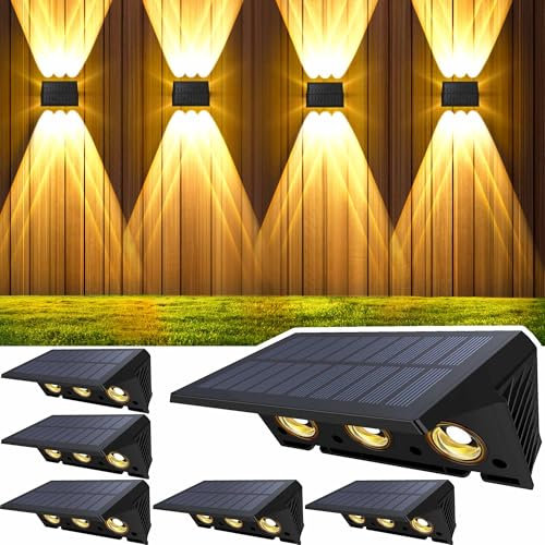 Delaiglow Lampade Solari da Esterno Alto e Basso Luce Solare LED Esterno Bianco Caldo Applique da Esterno Solare Impermeabilità IP67 6 Pezzi per Giardino Recinzione Muro