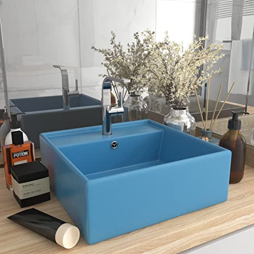 ShGaxin Lavabo, lavabo à poser sur plan de travail, lavabo de salle de bain, meuble de salle de bain, meuble de salle de bain, carré trop-plein en céramique bleu clair mat 41 x 41 cm
