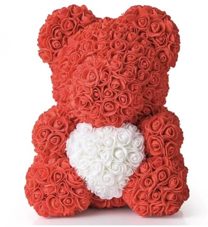 Orso di Rose con cuore rosso 40cm, fatto con Rose, già confezionato regalo per San Valentino, orsetto per fidanzata, Amica, orsacchiotto, teddy bear in Italia (Rosso Cuore senza scatola, 40cm)