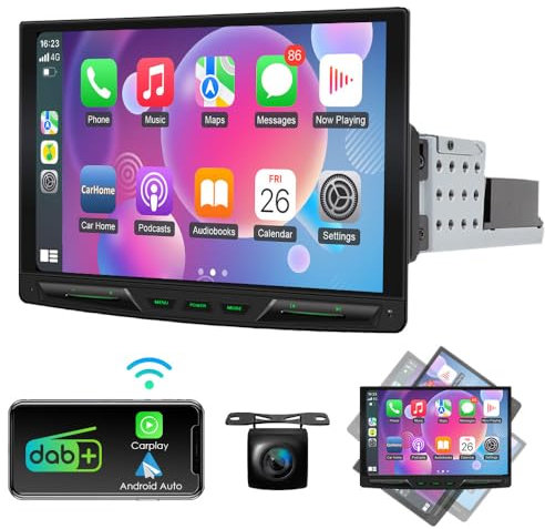 10,1 Zoll Einzel DIN Autoradio Android 13.0 mit 360-Grad-Drehung, drahtloser CarPlay- und Android Auto-Unterstützung, mit 8-Core 4+64GB/GPS-Navigation/DAB+/Bluetooth/WiFi, MIC/Rückfahrkamera