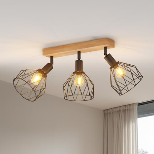 LVWIT Black Ceiling Light,Wood Spot Light Fittings Ceilings,3 Way Adjustable SpotLights Ceiling Lights Wire Cage with E14 Base,Cage Ceilings for Kitchen Living Room(NO Bulbs)