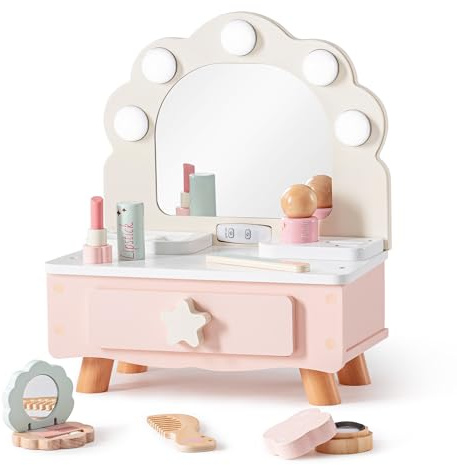 ROBUD Tavolo da toeletta per bambini, giocattolo – toeletta giocattolo per bambine – parrucchiere per bambini in legno con specchio
