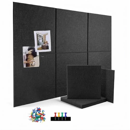 Pinnwand Groß,selbstklebende Filz Pinnwand -6 Stück Set, 30 × 30CM,passend für Wände, geeignet für Büros/Häuser/Schulen（schwarz）