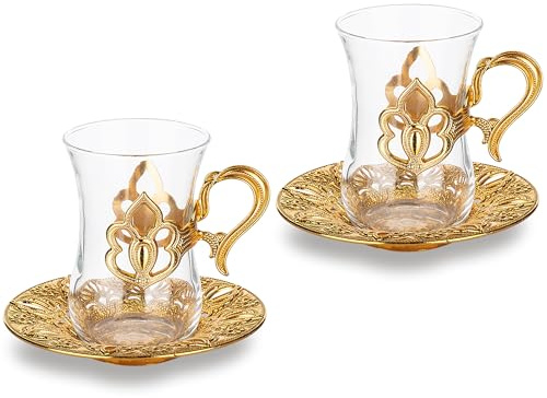 Alisveristime Türkisches Teeservice mit 2 Glasbechern, 100 ml (Gold)