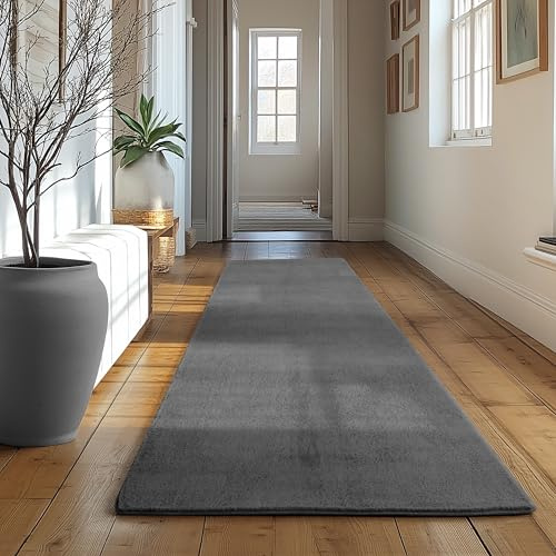 SIMPEX Läufer Teppich Grau 80x250 cm Waschbarer Kurzflor Teppich, rutschfest & weich, modernes einfarbiges Design für Schlafzimmer, Küche & Flur