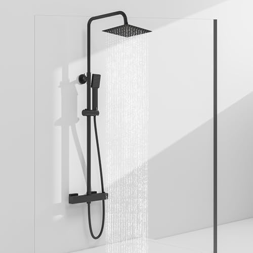 Sky Bathroom Thermostatic Shower Mixer Set | 8 Rainfall Shower & Handheld Head | Wall Mounted Bar Mixer Shower System | Stainless Steel Adjustable Sliding Riser Rail Matte Black