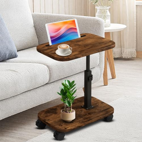 MIUUIPI Beistelltisch C Form mit Rollen, 360° Rotierbarer und Höhenverstellbar Sofatisch, Couchtisch, Kaffeetisch Side Table Sofa Table Betttisch für Wohnzimmer Schlafzimmer Bad Bett (Braun)