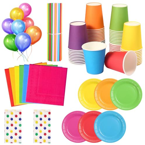 Toumdafine 302 Pack Rainbow Party Tableware Set - Multicolor Paper Plates, 250ml Cups, Napkins, Straws, Balloons + 2 Bonus Tablecloths for DIY Birthdays, Holidays & Family Gatherings