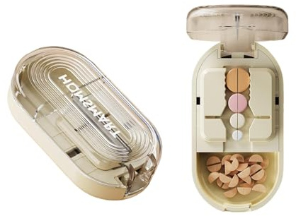 Tablettenteiler, Tablettenschneider für Mehrfachpillen, Pill Cutter mit Aufbewahrungsfach, Pillenteiler für Reise, Haustier, Täglichen Gebrauch (Off-White)