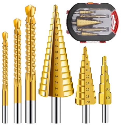 Juego de 6 brocas HSS con carcasa revestida de titanio, incluye 3 tamaños de brocas paso a paso y 3 tamaños de taladros giratorios para trabajar metal, carpintería, taladros