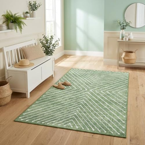 LuxFocus Waschbarer Bettvorleger 80x150 cm Modern Geometrisch Kurzflor Grün | ca. 6mm Ultradünn, minimalistischer Kurzflor-Teppich für Schlafzimmer Büro, rutschfest, pflegeleicht, faltbar