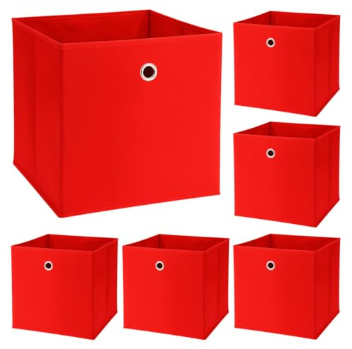Murago 6er Set Faltbox ca. 30x30x30 cm - Rot - Würfel Aufbewahrungsbox faltbar Aufbewahrungskörbe Dekoration Korb Boxen Wohnzimmer Stoff für Kleidung Büro Klappbox Schlafzimmer Weihnachten