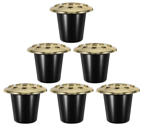 KONTONTY Set 6 Portafiori per Vasi da Cimitero in Plastica 16 Fori Inserto Decorativo a Forma di Loto Nero Coperchio Dorato per Composizioni Floreali Commemorative e Tombe All’Aperto