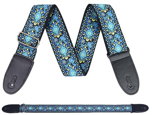 FOSDICK Sangle de Guitare Bleu Jacquard, Sangle Guitare Électrique Ajustable, Longueur 97-156cm pour Guitare Acoustique Électrique et Basse avec Boucles en Cuir