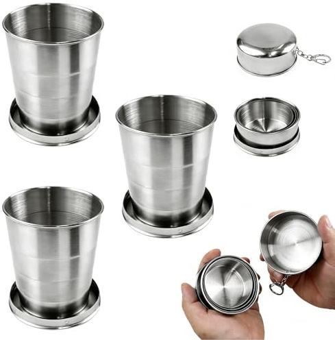 DRADERCH 3 Piezas Vaso Plegable Acero Inoxidable 250ML | Taza Plegable con Tapa y Llavero 250ML Para Acampada, Senderismo, Montañismo, Picnic Y Actividades Al Aire Libre