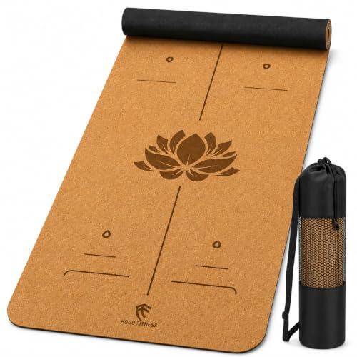 Hogo Fitness Premium Kork Yogamatte (5mm dick) Rutschfeste Fitnessmatte mit Ausrichtungslinien – Umweltfreundliche Pilates- & Trainingsmatte inkl. Tragetasche