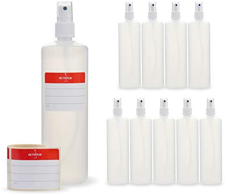 10 Octopus bottiglie spray da 250 ml con erogatore manuale, bottiglie di plastica con erogatore a pompa, bottiglie di plastica in HDPE con nebulizzatore, incl. etichette