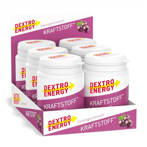 Dextro Energy Kraftstoff Cassis + Vitamine B2, B3, B6, B12-6x68g (6er Pack) - Mit Vitaminen für Aufmerksamkeit und Konzentration, schnelle Energieversorgung zum Mitnehmen, praktische Dose, fruchtig