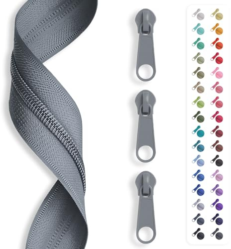 5 m zip endless, spiral 5 mm + 10 sliders/zip 27 colours, sold by the metre. Light grey