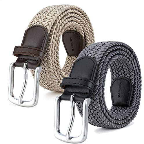 MOZETO Elastisch Stretch Gürtel Breite 3.3cm, Stoffgürtel Stretchgürtel Flechtgürtel Geflochtener Gürtel für Damen und Herren (Beige + Grau, Länge 115 cm)
