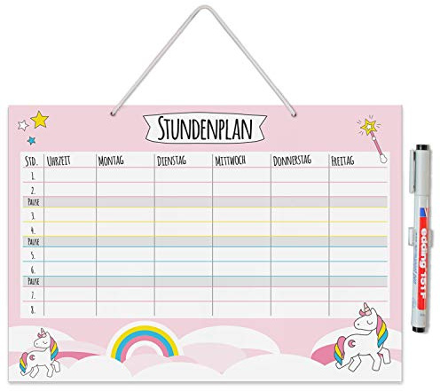 younikat Stundenplan abwischbar zum Aufhängen Einhorn Pink - DIN A4 - dv890 | Wiederbeschreibbar, Digitaldruck, Whiteboard-Oberfläche, mit Aufhängung, zum Schulanfang, Einschulung, inkl. Stift