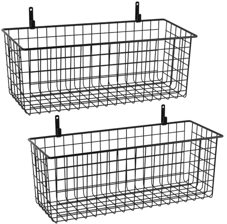 2 Sets Extra Large Hanging Wall Basket, Black Metal Wire Baskets with Steel Hooks for Organizing, WallmountedFruit Vegetable Toy Snack Storage, Home Kitchen Bathroom Laundry Pantry Organizer