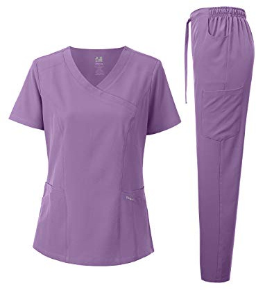 Dagacci Medical Uniform Women's Scrub Set 4-Way Stretch Y-Neck Stitch Tape Top and Pants (Lavender, X-Large)