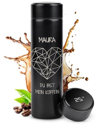 Maverton Thermobecher Kaffeebecher 450 ml, Isolierbecher personalisiert | 100% Dicht, Led Temperatur Anzeige, aus Edelstahl, Geschenk für Frauen, Weihnachtsgeschenke, schwarz, Koffein