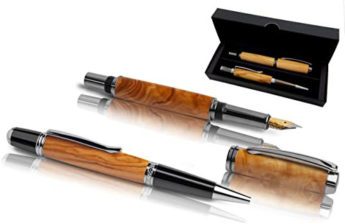 Handgefertigtes Schreibset aus Echtholz | Geschenkset mit Füller & Kugelschreiber aus Edel Holz im Etui | Exklusives Business Geschenk Set für Mitarbeiter & Kunden (Olivenholz)