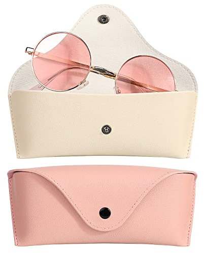 Hifot funda gafas cuero 2 piezas, PU cuero suaves viaje Estuche para Gafas de caso bolsa mujer hombre niño (Rosa&blanco)