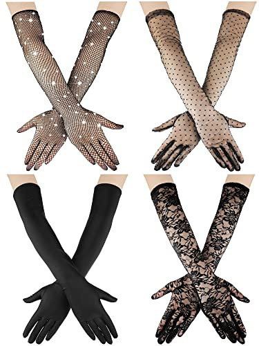 Zhanmai 4 Pairs Halloween Lace Gloves Women's Opera Fishnet Elbow Length Satin Finger Bridal Gloves for Floral Lace Mesh Wedding Party (Black)