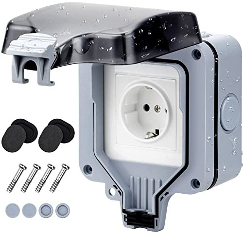 1-Fach Außensteckdose Steckdose Aussensteckdose Wasserdicht IP66 Gartensteckdose Aufputz Schutzkontakt Wetterfest Outdoor Wandsteckdose für Aussenbereich Feuchtraum Schwimmbad Garten