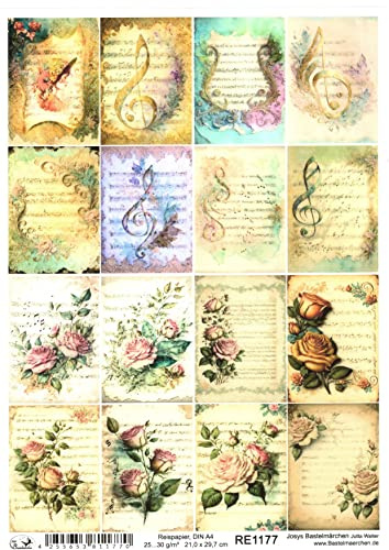 Josys Bastelmärchen Reispapier A4 Strohseide Decoupage Notenblätter Blumen Notenschlüssel RE1177