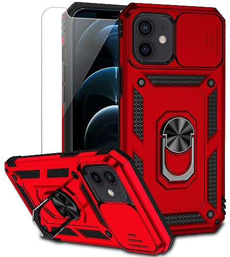for iPhone 12 Mini Case with Camera Lens Cover HD Screen Protector, Dual Layer Military Grade Drop Protection Magnetic Ring Holder Kickstand Protective Phone Case for iPhone 12 Mini 5.4 inch (Red)