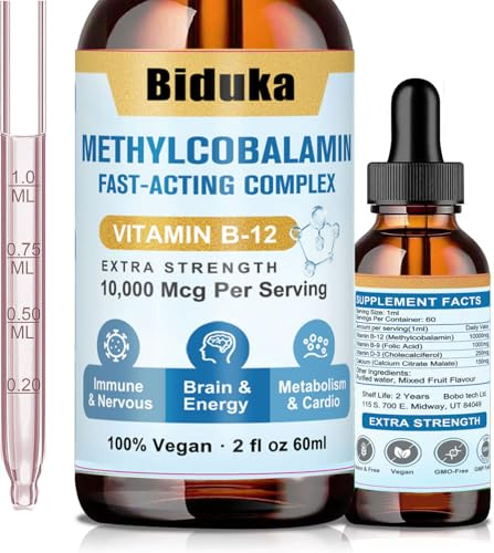 Biduka 10,000mcg Sublingual Vitamin B12 Liquid Drops, Unique Formula with D3, B9(Folic Acid), Calcium, Support Energy, Heart, Mood, Brain, Immune System, Vegetarian, Non-GMO & Gluten Free