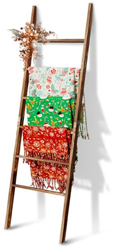 6-Tier Blanket Ladder Wooden, 5.7FT(66.5'') Blanket Quilt Towel Holder Rack Decorative Ladder, Easy Assembly, Rustic Farmhouse Ladder Shelf for The Living Room Bedroom Bathroom Home Decor, Brown