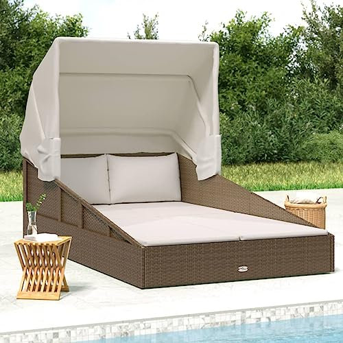 Festnight Sonnenliege Polyrattan mit Faltdach Braun Sonnenliege 2 Personen Gartenbett für 2 Personen Doppel Sonnenliege Outdoor Gartenliege Rattan Outdoor Doppelliege LoungeLiege 200x114x128 cm