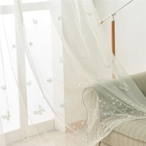 Gardinen Schlaufenschal Voile Gardinen Ösenvorhang 2er Set - Weiße, mit Schmetterlingen bestickte Perlen 2 Tabletten -168 cm Breite x 183 cm hoch Wohnzimmer Schlafzimmer Fenster Vorhänge Kinderzimmer