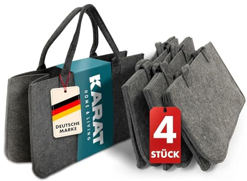 KARAT Filztasche Shopper Holzkorb für Kaminholz, robuste Einkaufstasche aus Filz universell einsetzbar, Filzkorb mit Griffen 50x25x25cm, grau 30 L Vol. (Conny) (4 Stück)